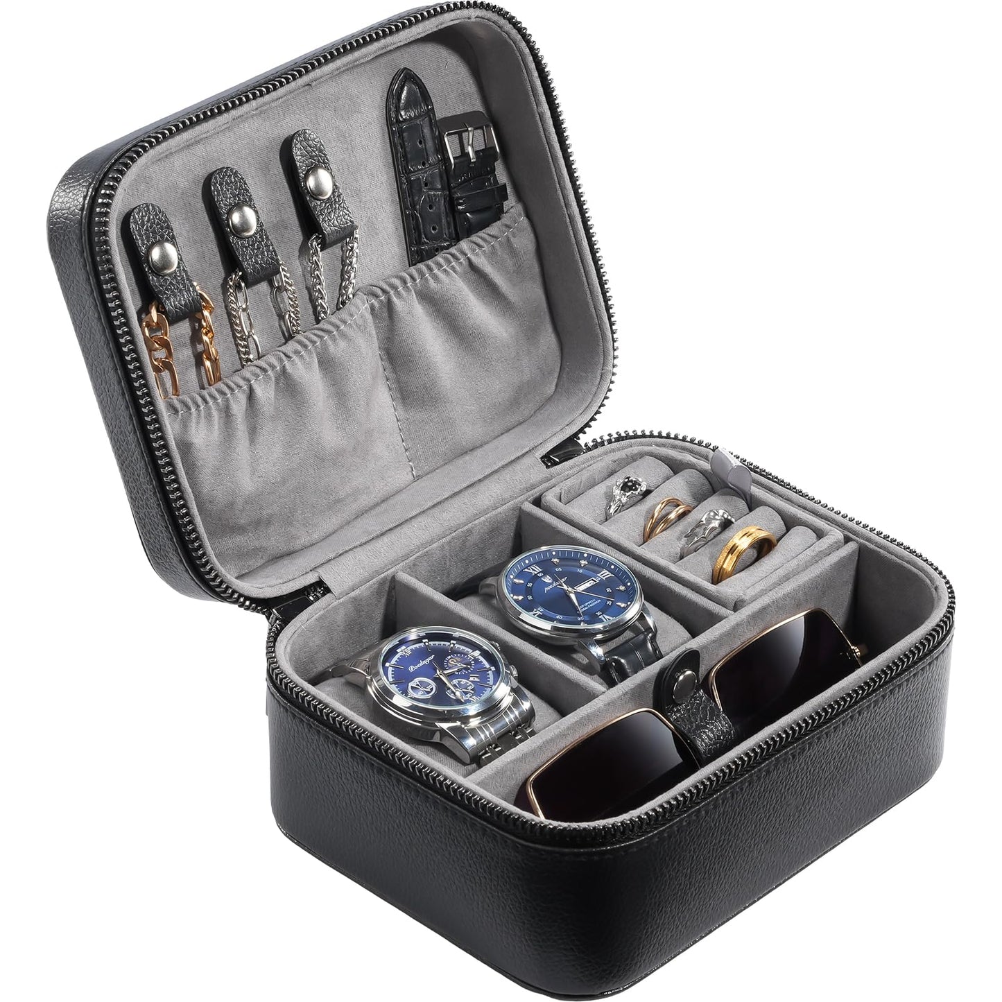 ProCase Travel Watch Case, 2 Slots PU Leather Mens Jewelry Box, Portable Watches Cufflinks Accessories Storage Case, Zippered Carrying Organizer Bag for Man -Black