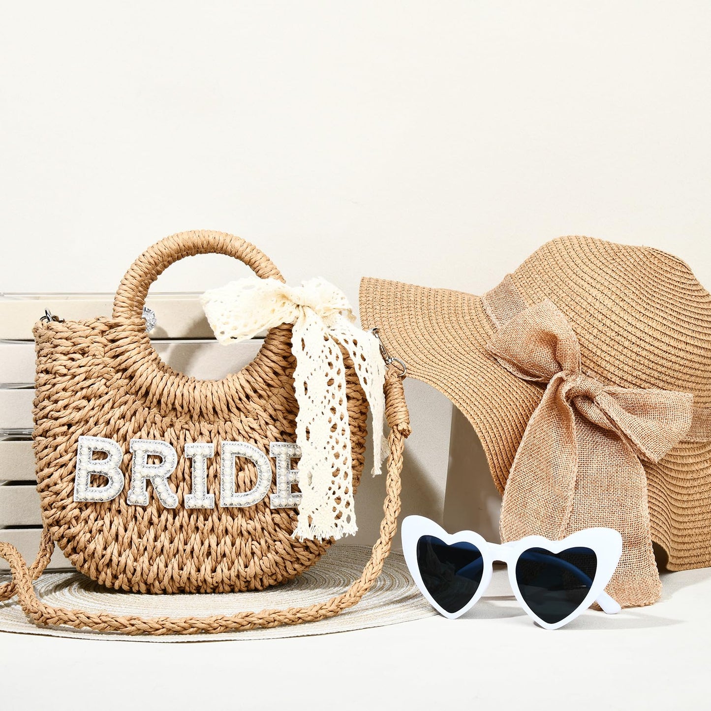 KUIRAN Bride Bag Bride Gift Set Straw Beach Bag Purse Handwoven Tote Bag with Rhinestone Letters Bachelorette Pary Gift Honeymoon Wedding Bridal Shower