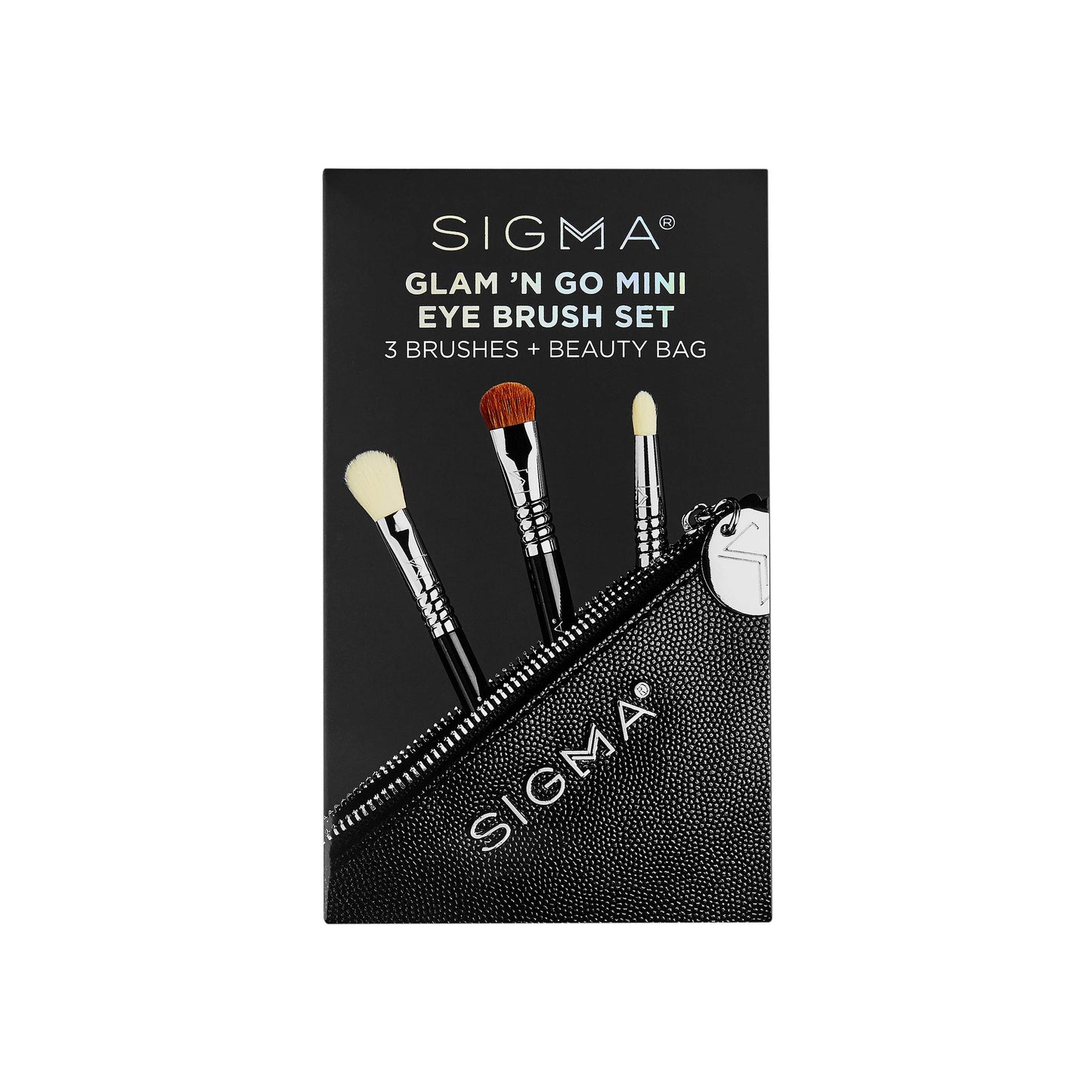 Sigma Beauty Glam ‘N Glow Mini Eye Makeup Brush Set – Set of 3 Eye Makeup Brushes for Blending, Shading, Lining, and Smudging, Includes Stylish Black Small Makeup Bag (4 Pcs)