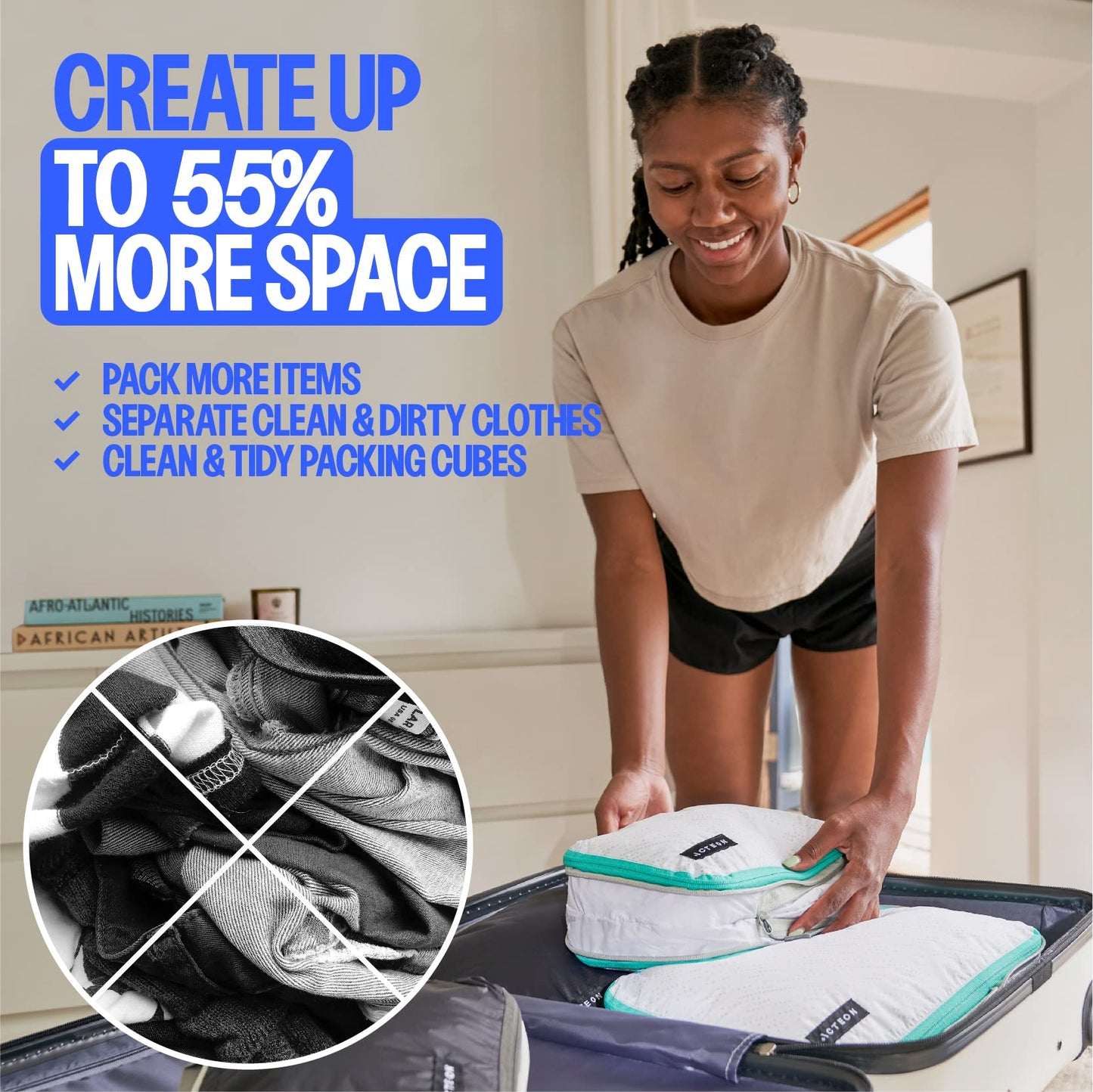 Compression Packing Cubes - 2 Pack Clean Dirty Separate Zipper - Luggage & Suitcase Organizer Travel Cube, Large Small Laundry Compartment Organizers for Clothes, Shoes Makeup