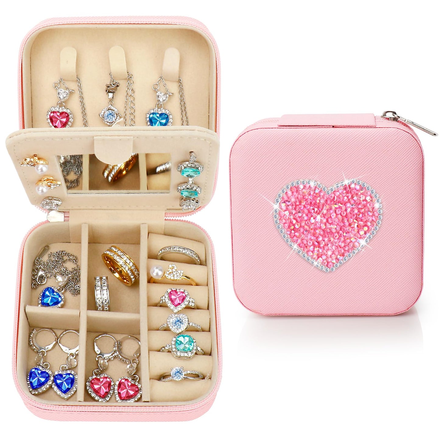 Bling Heart Rhinestone Jewelry Box Gifts for Teen Girls Kids Women,Trendy Sparkly Jewelry Case,Glitter Cute Travel Jewelry Box Organizer,Personalized Holiday Christmas Gifts,Small Size (Pink-Heart)