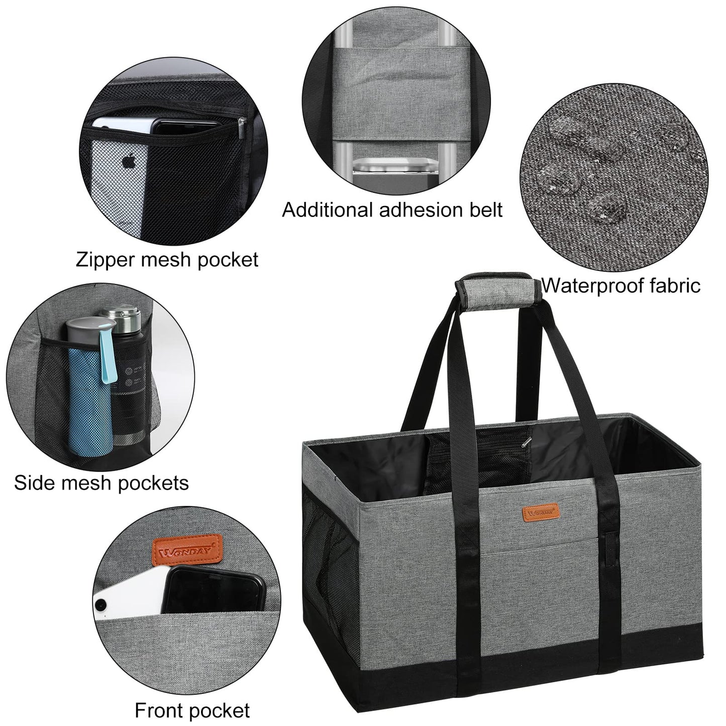 WONDAY Extra Large Foldable Grocery Tote Bag With Handles for Storage, Picnics, Beach, Pool, Laundry - Reusable Shopping Bag (Grey)