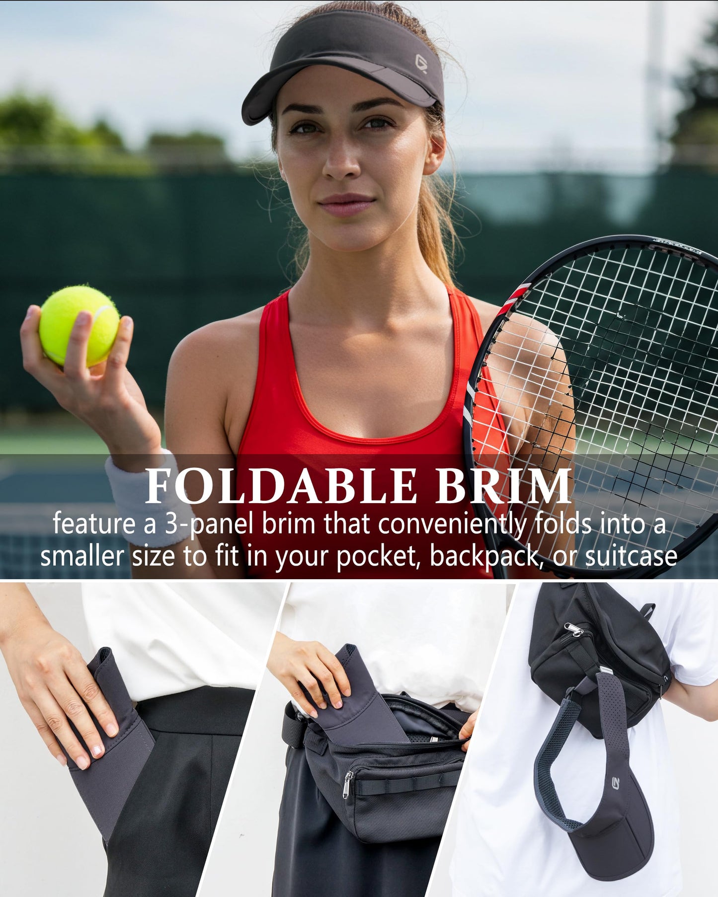 GADIEMKENSD Sports Sun Visor for Womens Men, UPF 50+ Golf Visor Folding Tennis Hat with Reflective Brim, Breathable Sun Hats for Running Pickleball Workout Travel White