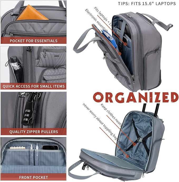 KROSER Carry On Underseat Multi-functional, 16-inch Underseater Lightweight Overnight Suitcase for Men Women, Grey
