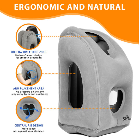 Skyrest Inflatable Travel Pillow - Airplane Pillow for Neck Support on Long Flights, Buses, Cars, Office & Trains - Comes with Eye Mask, Earplugs & Portable Drawstring Bag - Grey