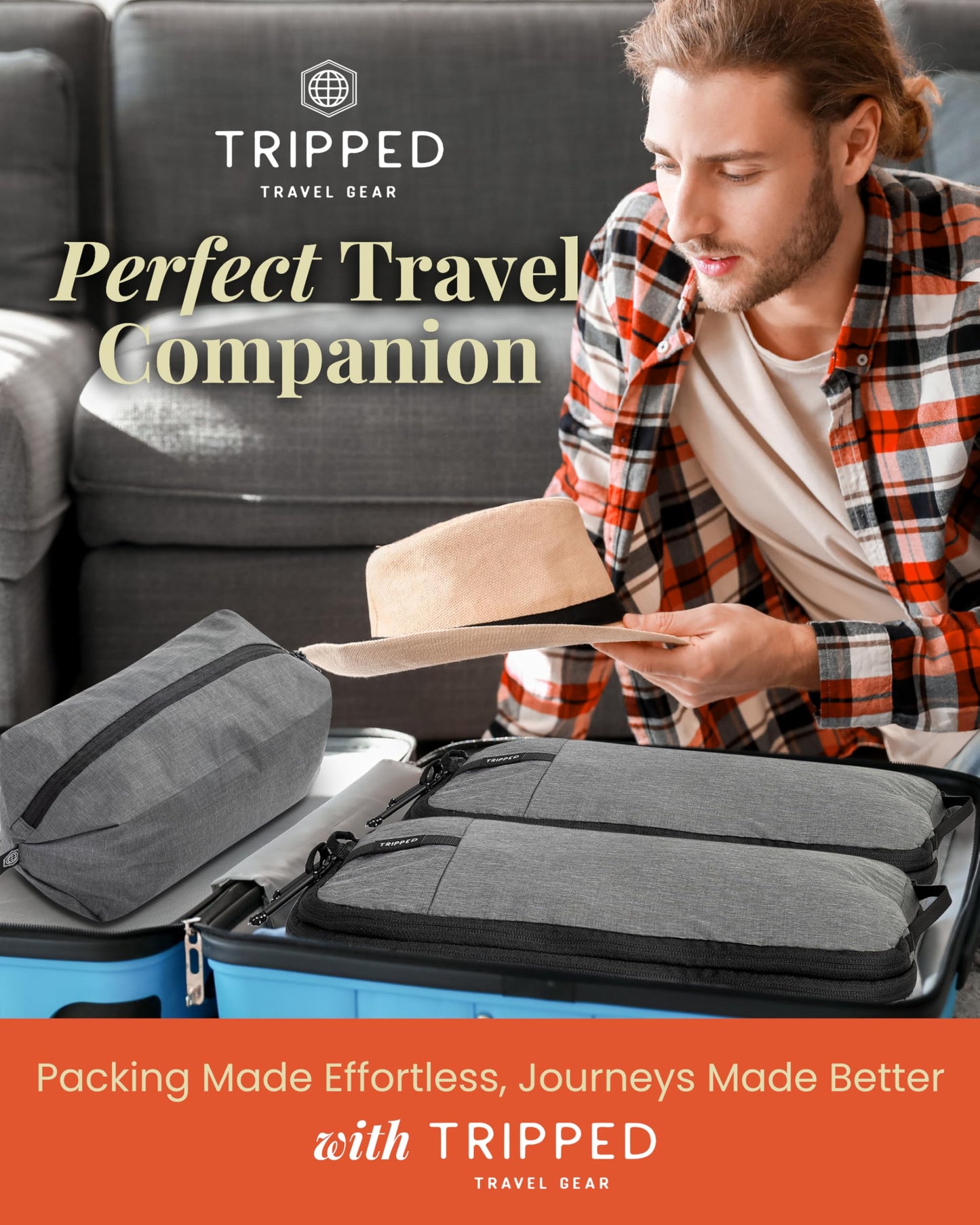 Premium Compression Packing Cubes for Travel, Compression Packaging Cube, Zip Bags Premium 6-Piece Set with laundry bag and shoe bag by TRIPPED Travel Gear (Grey)