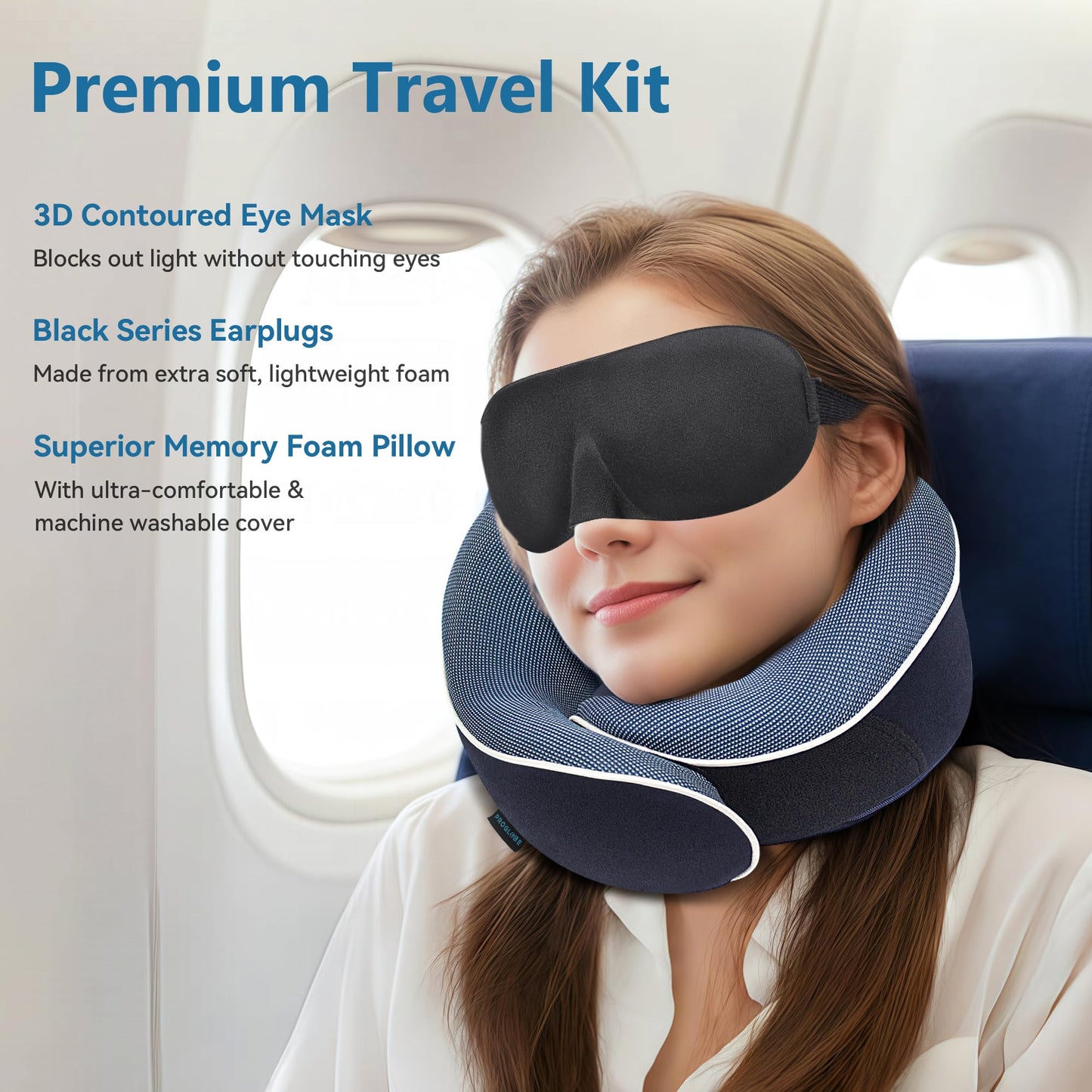 Proglobe Orthopedic Neck Pillow Travel Neck Pillows for Airplanes, Memory Foam Kit, Updated Resting Material, Airplane Travel Set with 3D Contoured Eye Masks, Earplugs, and Luxury Mesh Bag (Blue)