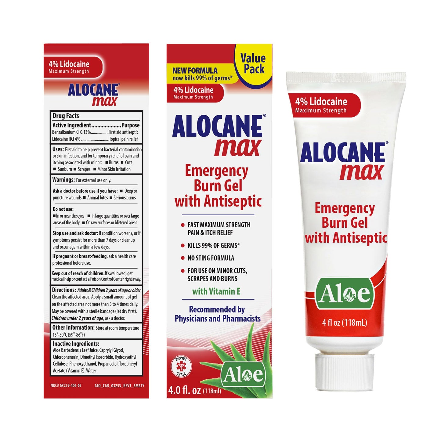 Alocane Max Emergency Burn Gel, 4% Lidocaine Hydrochloride, .13% Benzalkonium Chloride, Maximum Strength Relief, Itch Relief, For Sunburns, Kitchen, Radiation, Chemical, First-Degree Burns, 4 Fl Oz