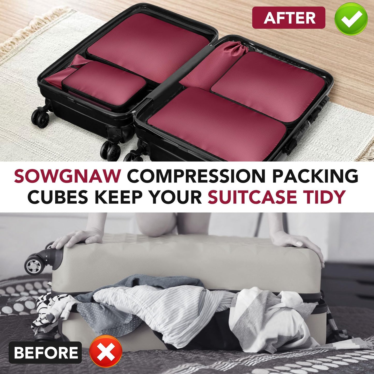 Sowgnaw 4PCS Red Polyester Packing Cubes for Travel, Lightweight Compression Travel Bags - Luggage Suitcase Organizer with Zipper Closure