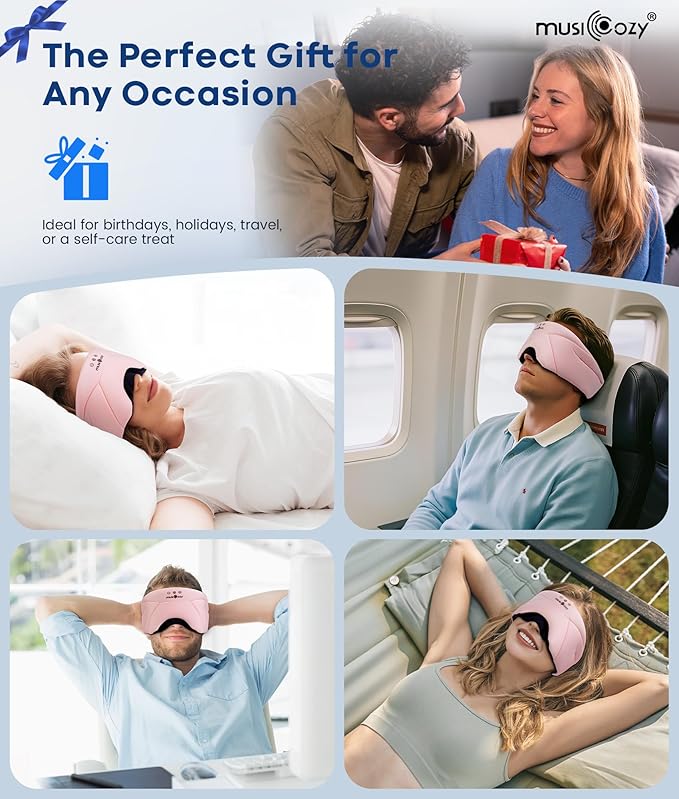 MUSICOZY Sleep Headphones, Bluetooth 5.4 Sleep Mask, Washable Zipper Eye Mask with HD Stereo Speakers, Cooling Ice Silk Fabric, 14H Playtime Wireless Headband Headphones for Side Sleepers