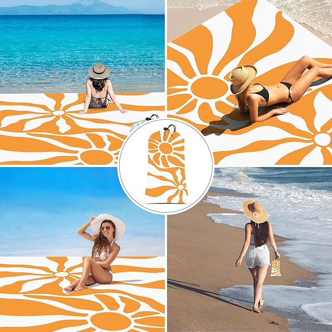 110''×118'' Waterproof Sandproof Beach Blanket 8 Adults, Sand Free Boho Sun Outdoor Beach Mat with 4 Stakes, Extra Large Compact Picnic Pockets Blanket Essential for Travel, Camping, Summer Vocation
