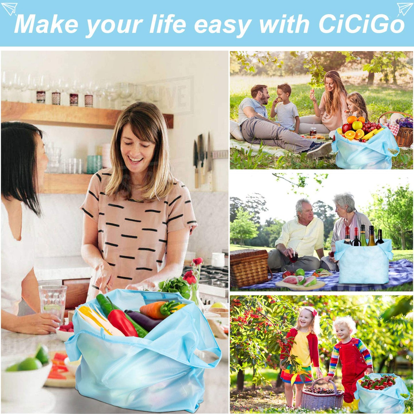 CiCiGo Large Reusable Bags Shopping Washable Foldable 6 Pack Grocery Bags Heavy Duty Lightweight Folding Gift Tote Bag Durable Polyester Color