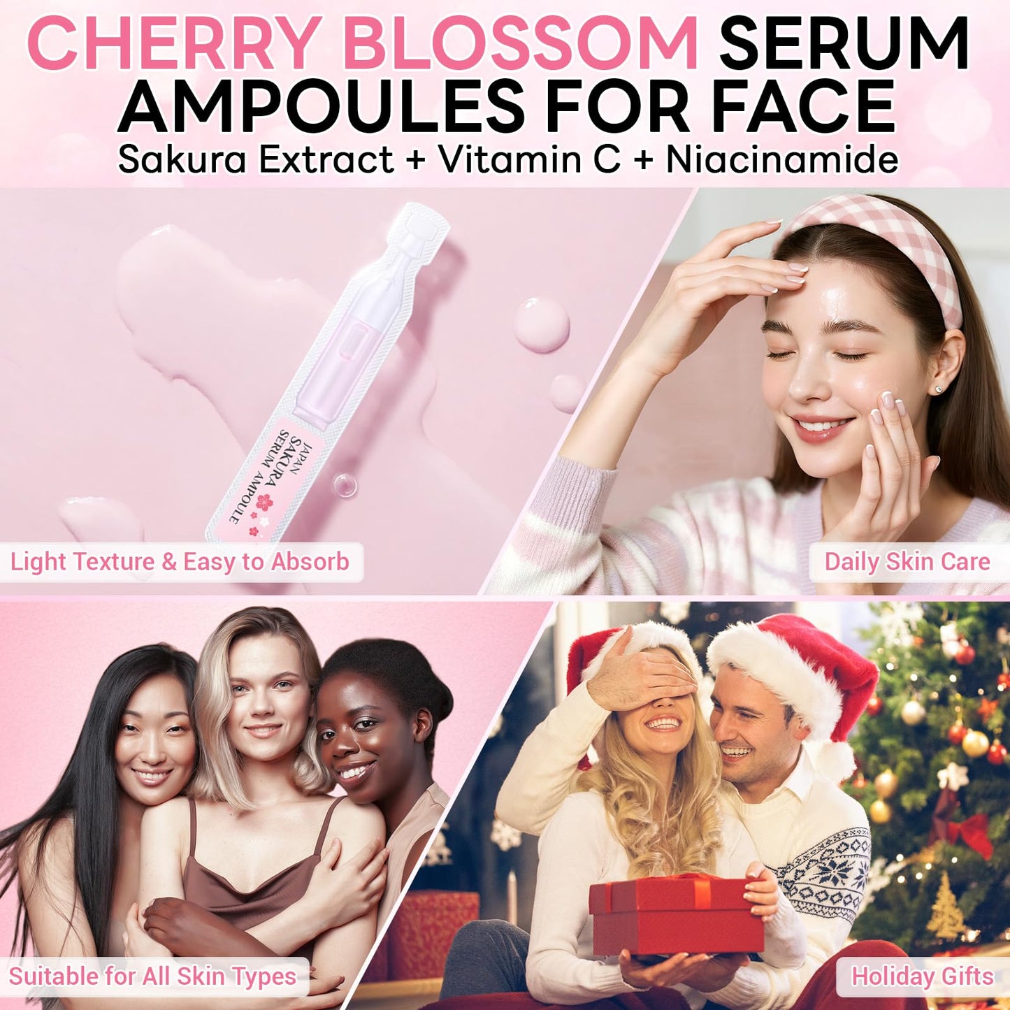 Japan Sakura Serum Ampoule, Intensive Hydration & Soothing Skin, Cherry Blossom Essence Ampoules for Face, Sakura Extract + Vitamin C, Smooth Fine Lines, Moisturizing Skin Care, 2 Boxes of 20 Ampoules