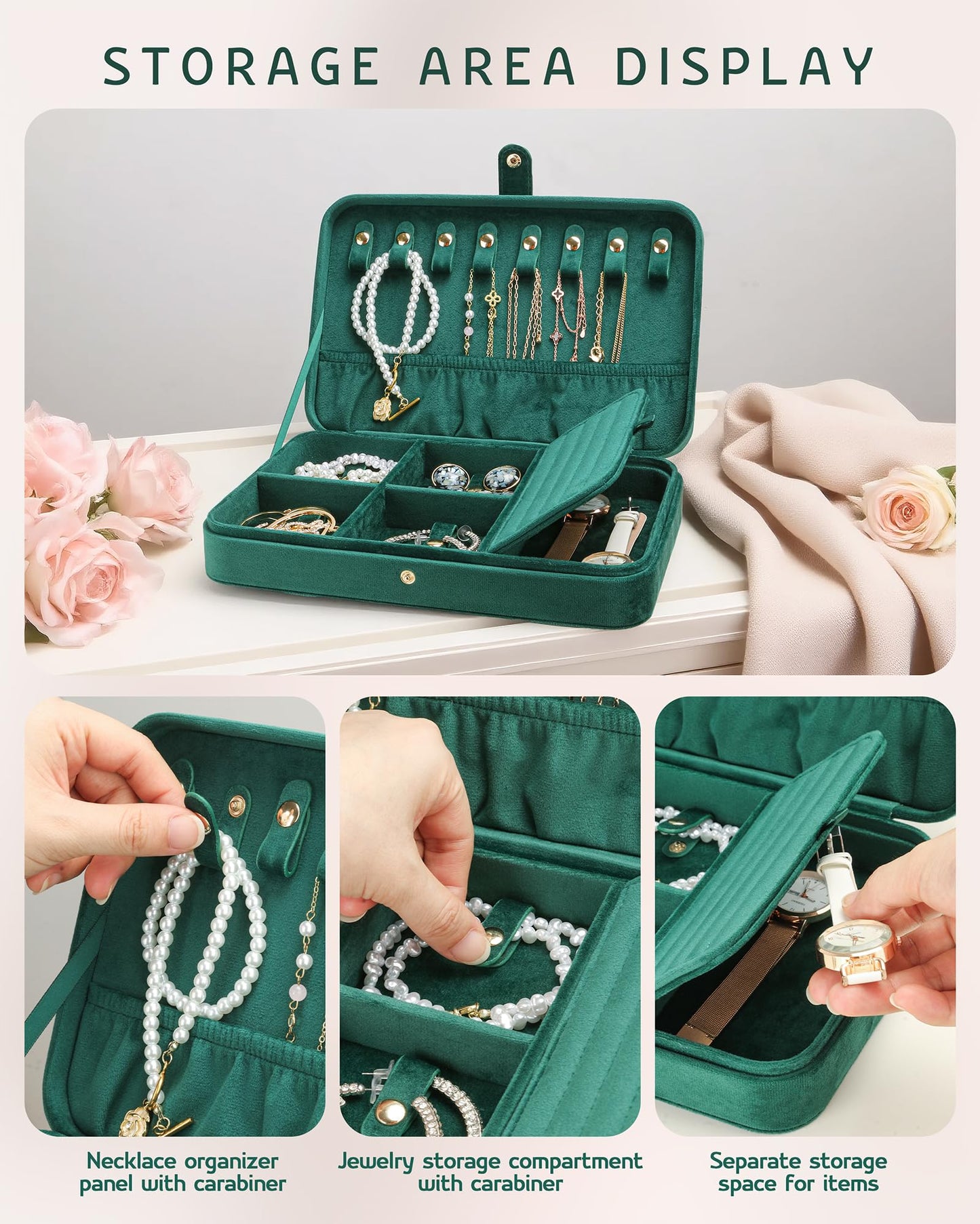 VELORIA Jewelry Box, Premium Velvet Travel Jewelry Organizers & Storage, Dust-Proof, Scratch-Resistant Jewelry Box for Necklace Bracelet Bangle, Portable Luxury Gift for Women & Girls (Emerald green)