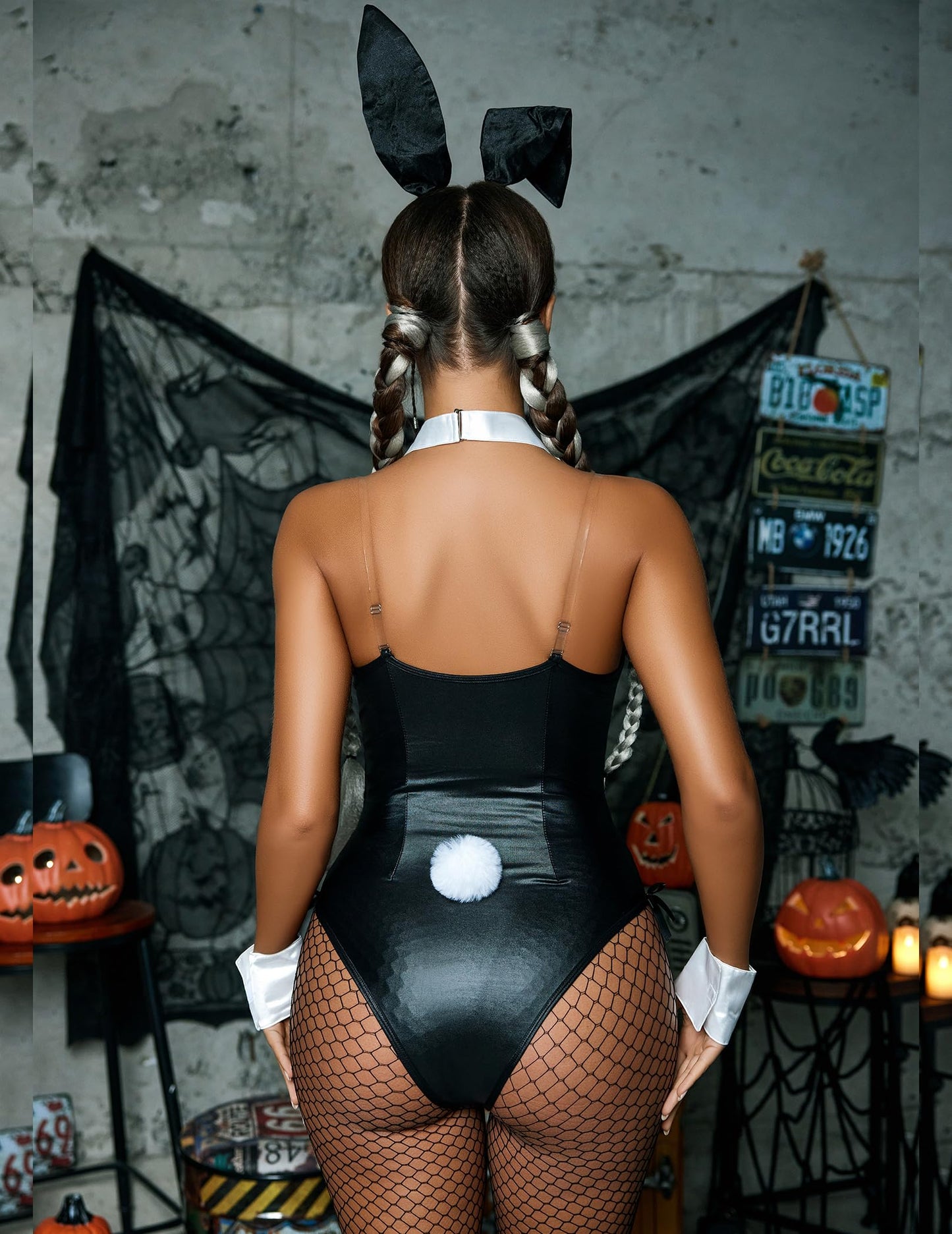 Avidlove Sexy Lingerie for Women Bunny Costume lingerie set Halloween One Piece Bodysuit Stockings Set Black Small