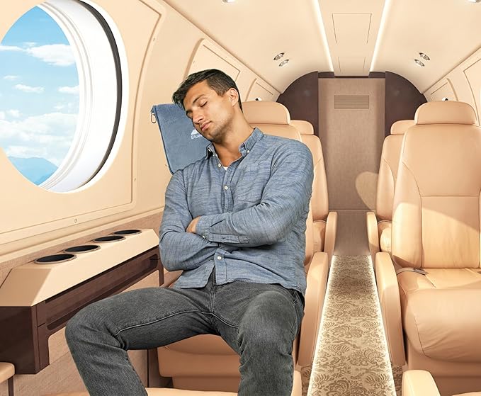 BlueHills Premium Soft Long Travel Blanket Pillow for Tall Airplane Flight Essentials Large Compact 2 in 1 Airline Throw Packable Warm Plane Traveling Comfort Accessories Grayish Blue T056