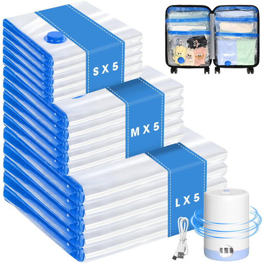 Eunhdet 15 Pack Travel Vacuum Storage Bags with USB Electric Pump, Combo Space Saver Vacuum Seal Bags for Clothing Travel Vaccine Sealed Storage Bag for Comforters Blankets Clothes Suitcase, Clear