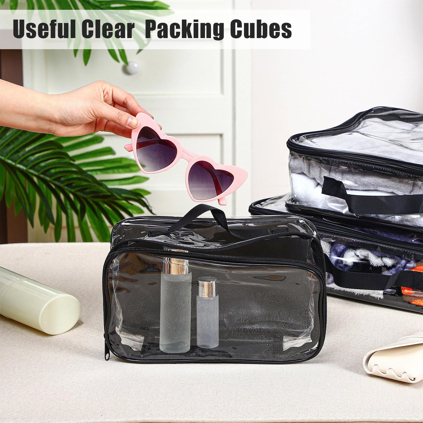 Hillban 6 Pcs Black Large Clear Travel Packing Cube 3 Sizes See Through PVC Organizer for Suitcase Multipurpose Pouch with Handle Vinyl Zippered Storage Bags Luggage Cube Organizer