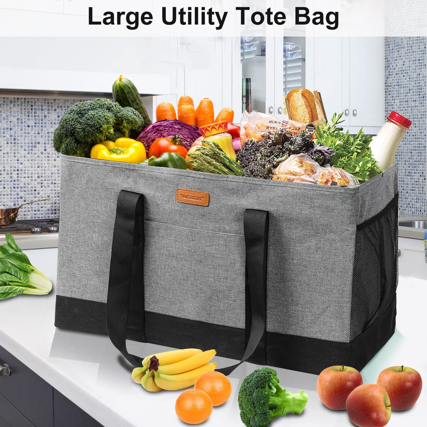 WONDAY Extra Large Foldable Grocery Tote Bag With Handles for Storage, Picnics, Beach, Pool, Laundry - Reusable Shopping Bag (Grey)