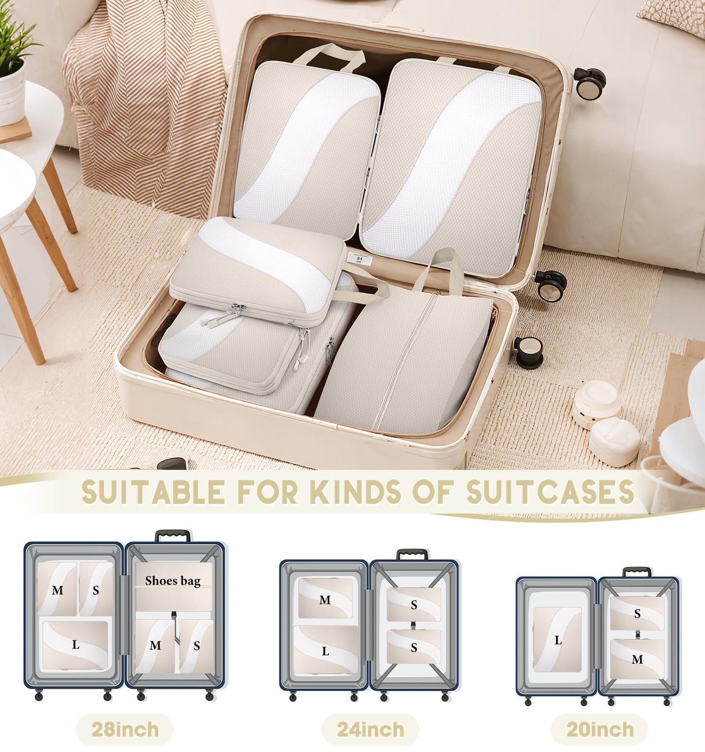 8 Set Compression Packing Cubes Travel, Expandable Travel Cubes for Carry on Luggage, Suitcase Organizer Compression Bags for Travel Essentials, Beige