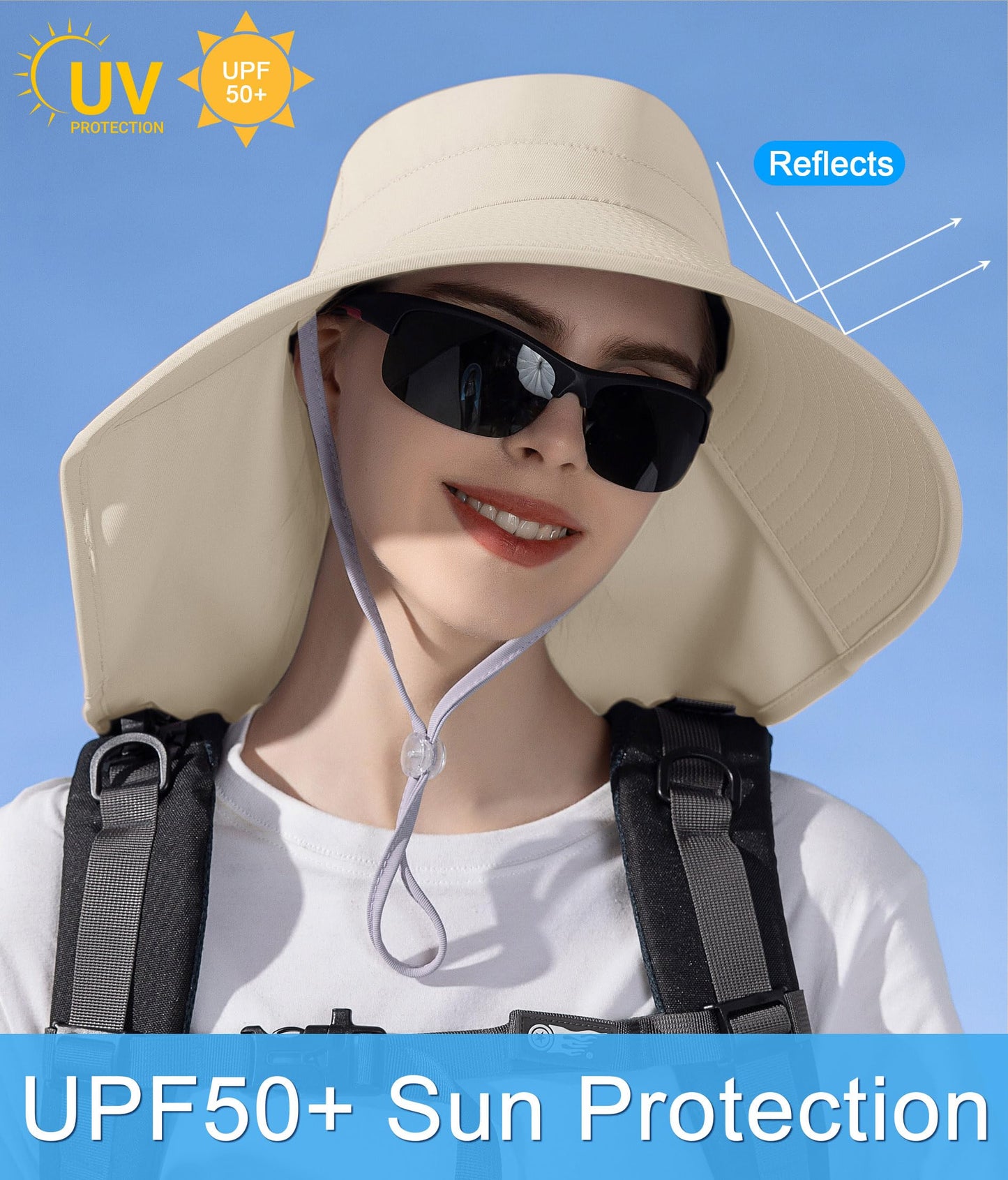 Sun Hats for Women UPF 50+ Uv Protection with Ponytail Hole,Beach Wide Brim Hats Fishing Hats,Gardening Hat for Neck Flap Beige