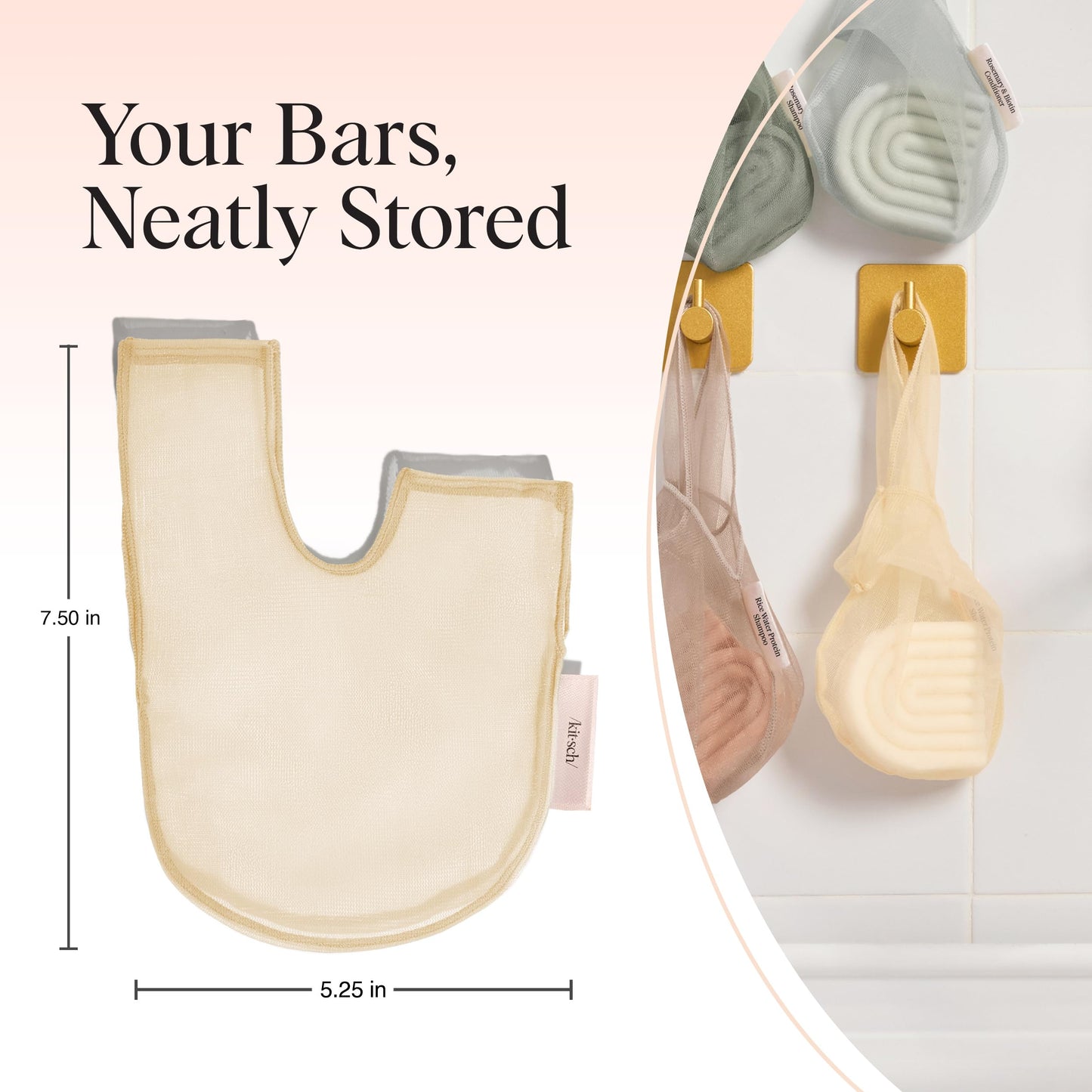 Kitsch Bar Soap Saver Bag - Patented Mesh Bag Soap Holder for Rice Water Protein Conditioner Bar With Tag Identifier - Extends Use & Prevents Soggy Mess - Recycled Mesh Beauty Pouch, Eco-Friendly