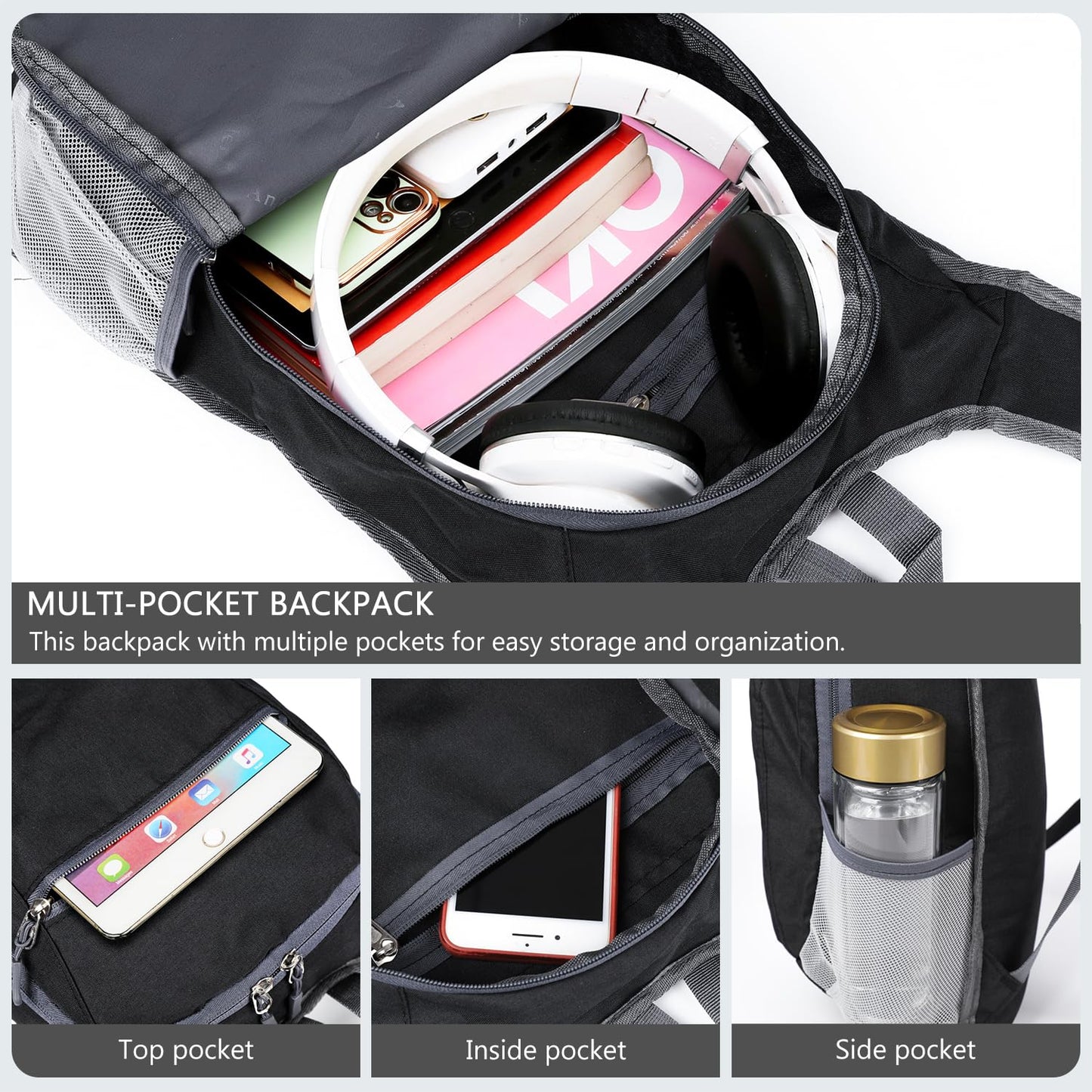 Esup 15L Lightweight Hiking Backpack Foldable Small Travel Backpack Packable Camping Backpack for Women Men (Black)