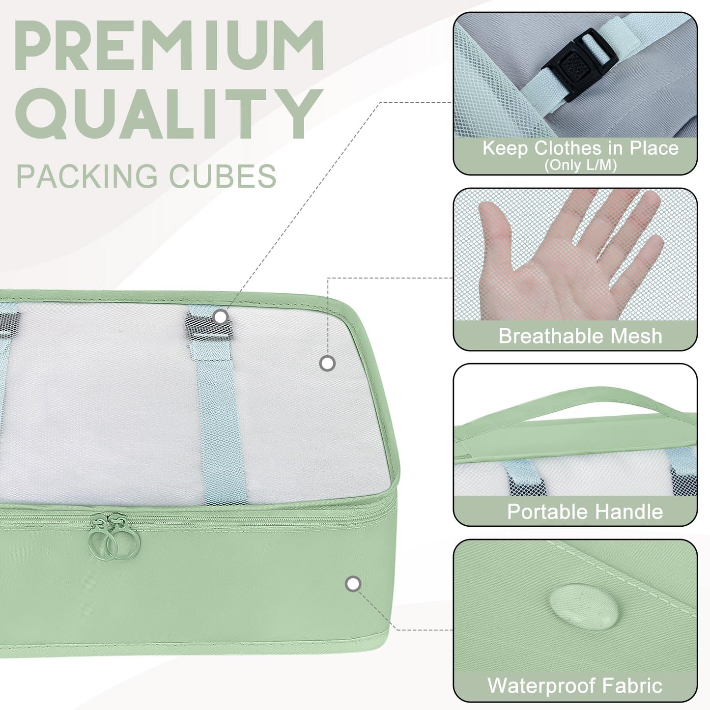 10 Set Packing Cubes for Travel, Travel Packing Cubes with Hanging Toiletry Bag and Shoe Bag, Suitcase Luggage Organizer Bags for Travel Essentials Women Men (Matcha)