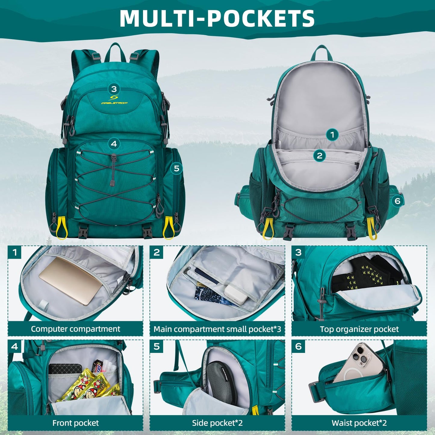 Maelstrom Hiking Backpack,40L Waterproof Camping Backpack,Men Women Packable Hiking Daypack with Rain Cover,Lightweight Travel Backpack-Green