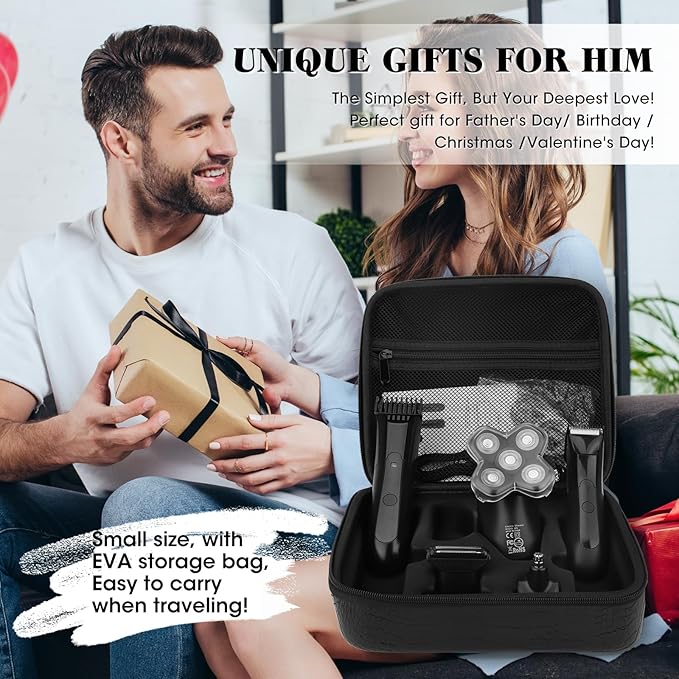 Beard Trimmer for Men Groin & Body Hair Trimmer, Nose & Ear Clipper Head Razors for Bald Men, 5 in 1 Waterproof Manscape Kit with Travel Case, LED Display, Grooming Kit Gift for Him