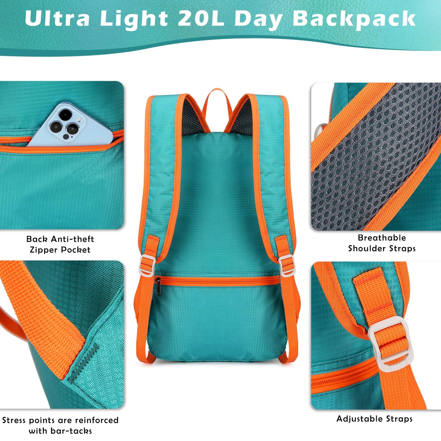 BiYiYun 20L Small Hiking Backpack for Men Women, Lightweight Foldable Daypack Water-resistant Travel Camping Packable Backpack (Green)