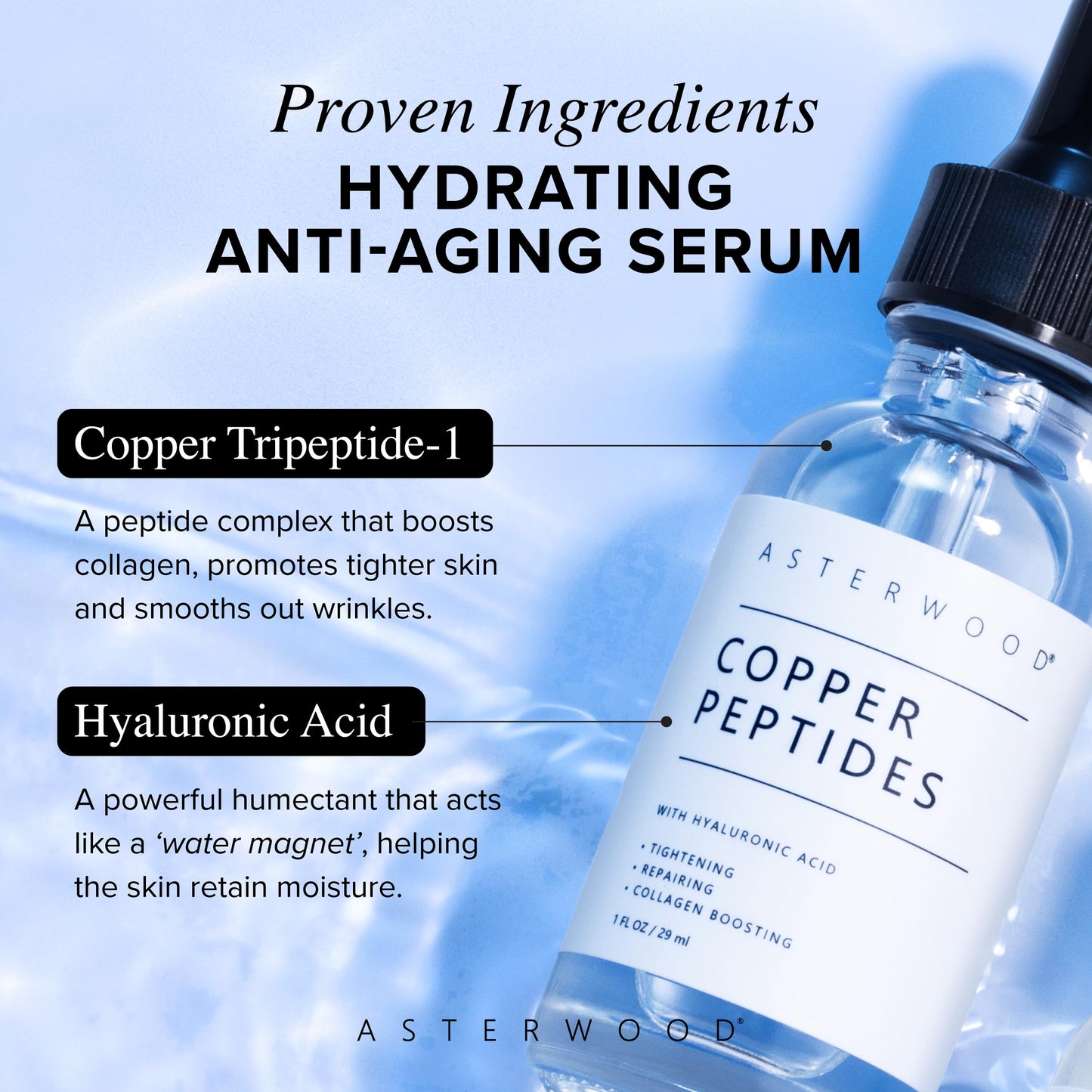 Asterwood Copper Peptides Serum for Face - Tightening, Repairing, Collagen Boosting - with GHK-Cu and Hyaluronic Acid - 1 Fl Oz
