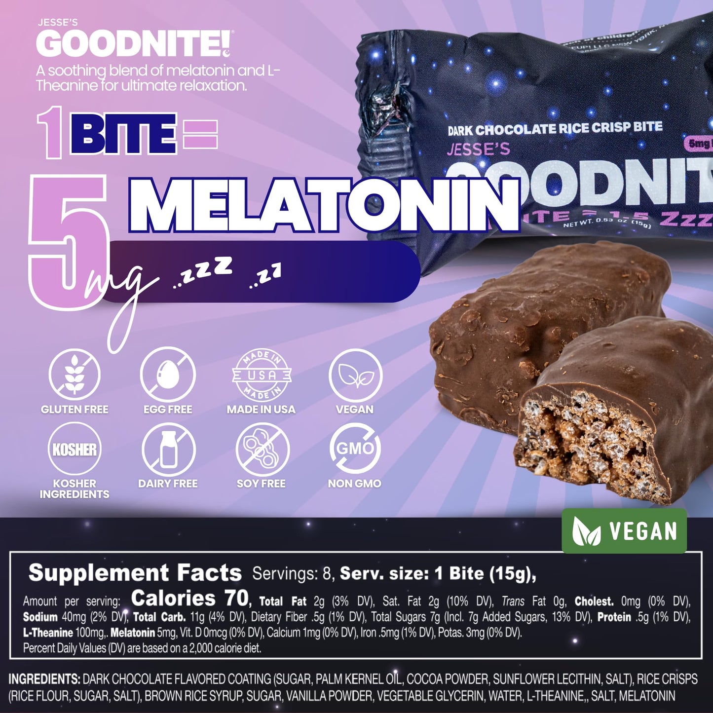 GOODNITE! Sleep Bites – Proprietary Blend with 5mg Melatonin & L-Theanine – Vegan, Gluten-Free, Kosher – Dark Chocolate Protein Snack for Restful Sleep – 8 Pack