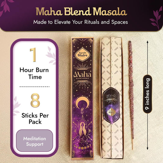 Sagrada Madre - 8 Extra-Durable Maha Masala Incense Sticks - 9” Long Handmade & Thick Aromatherapy Sticks with Rose Petals & Essential Oils for Meditation & Spiritual Harmony - 1 Hour Burn Time