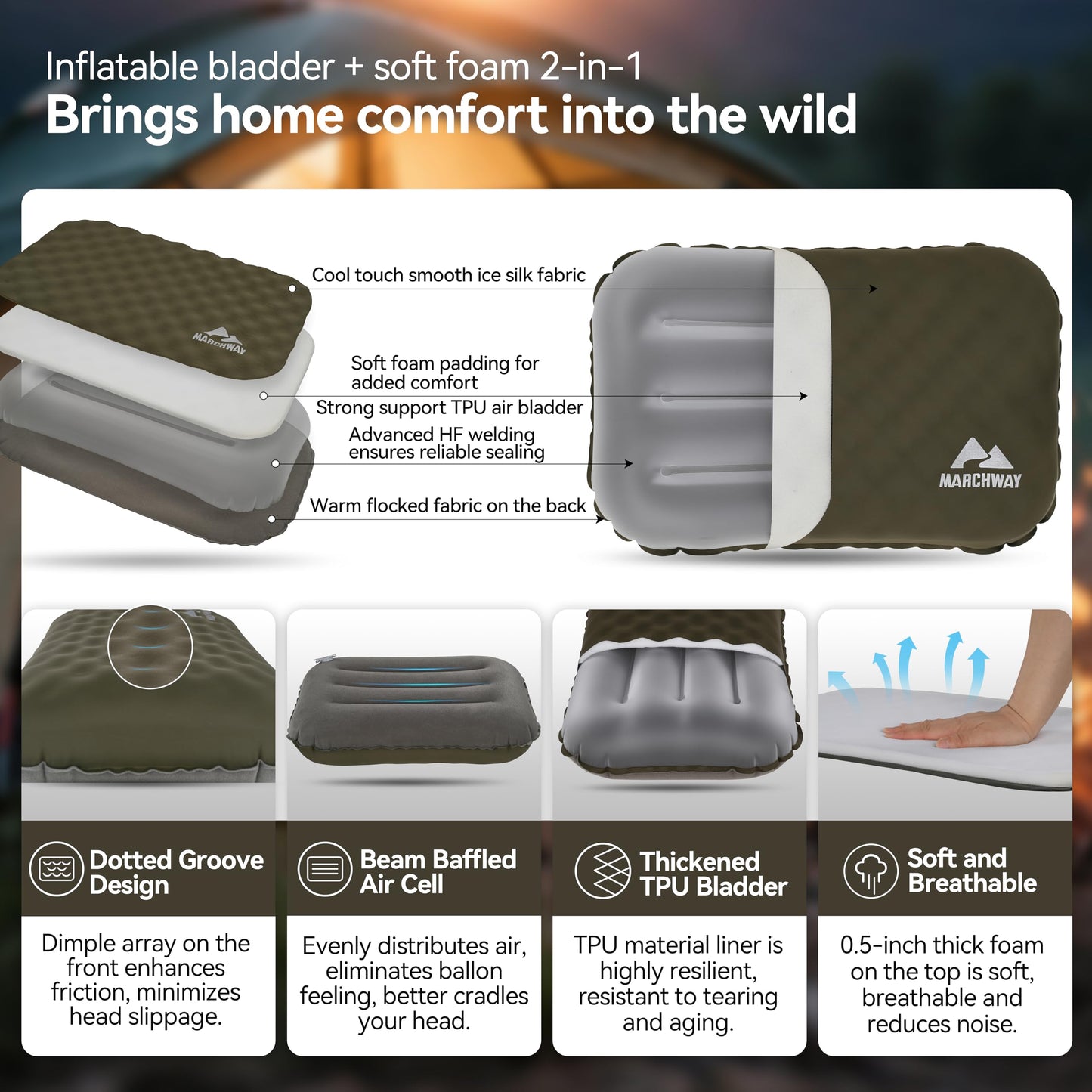 MARCHWAY Inflatable Camping Pillow with Comfortable Foam Top, Dual-Sided Support, Lightweight Compact Travel Pillow for Hiking, Backpacking, Airplane, Car (Green)