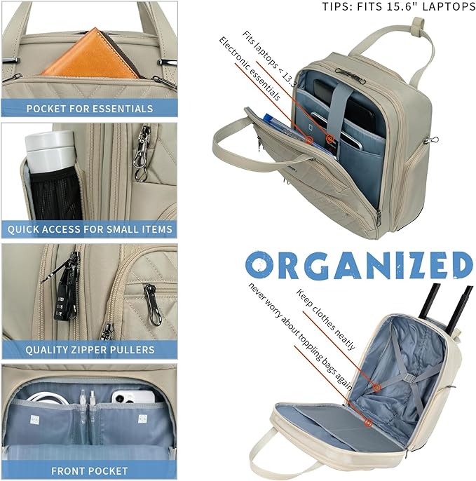 KROSER Carry On Underseat Multi-functional, 16-inch Underseater Lightweight Overnight Suitcase for Women, Light Khaki