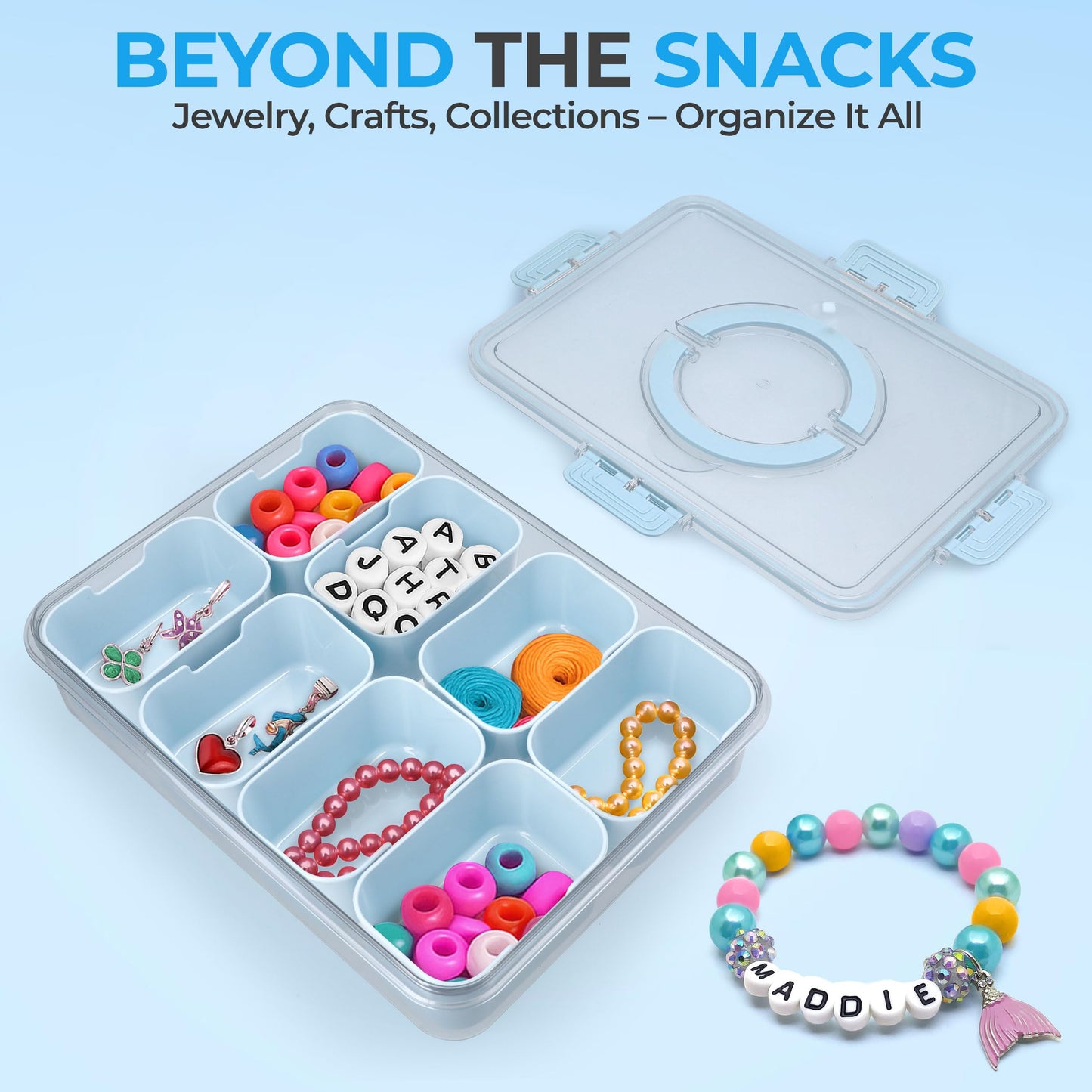 KEYVOZ Snackle Box Container with Lid- Travel Charcuterie Box with Handle - Organizer for Candy, Fruit, Nuts, Veggies, Snacks, Beach Essentials, Portable Lunch Box (Blue, Large)