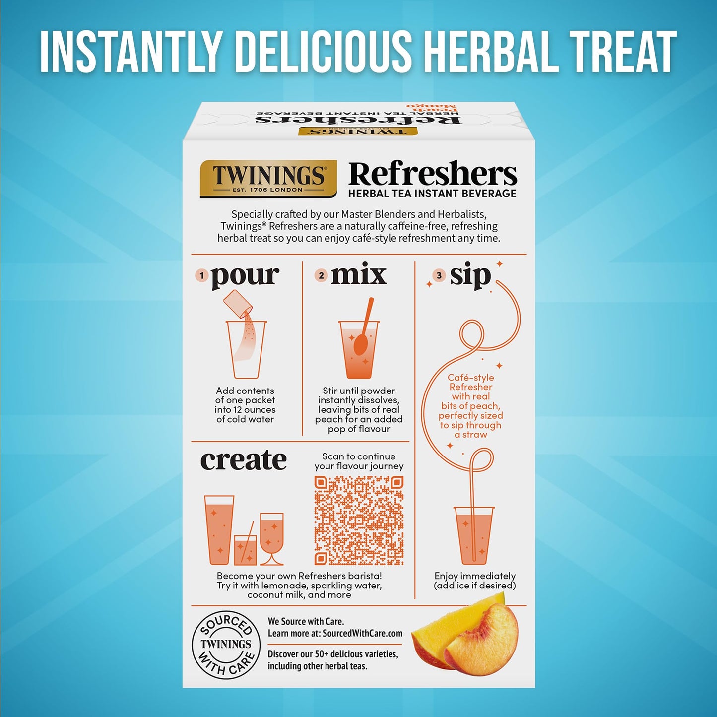 NEW Twinings Peach Mango Refreshers, Herbal Tea Instant Beverage with Real Peach Fruit Bits, 5 Count (Pack of 1), Café Style, No Artificial Sweeteners, Naturally Caffeine-Free Refreshment, 5 Packets