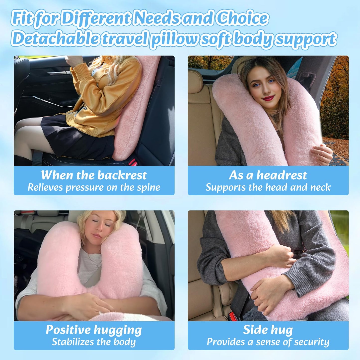 Travel Pillow, Car Pillow for Kids & Adults - Ergonomic Travel Pillows Sleeping Aid for Neck & Body Support, Car Travel Essentials Pillow on Road Trips-Pink