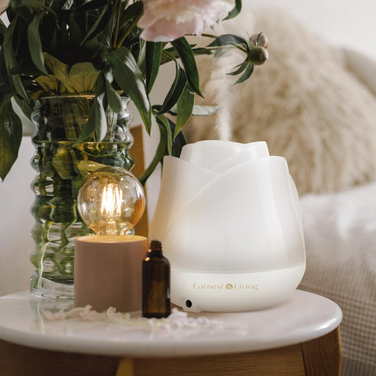 Earnest Living Rose Essential Oil Diffuser 150 ml Mini Ultrasonic Aromatherapy Humidifier for Bedroom, Desk – BPA Free, Quiet Mist, 7-Color Light, Auto Shut-Off, Gift for Women – Solid White