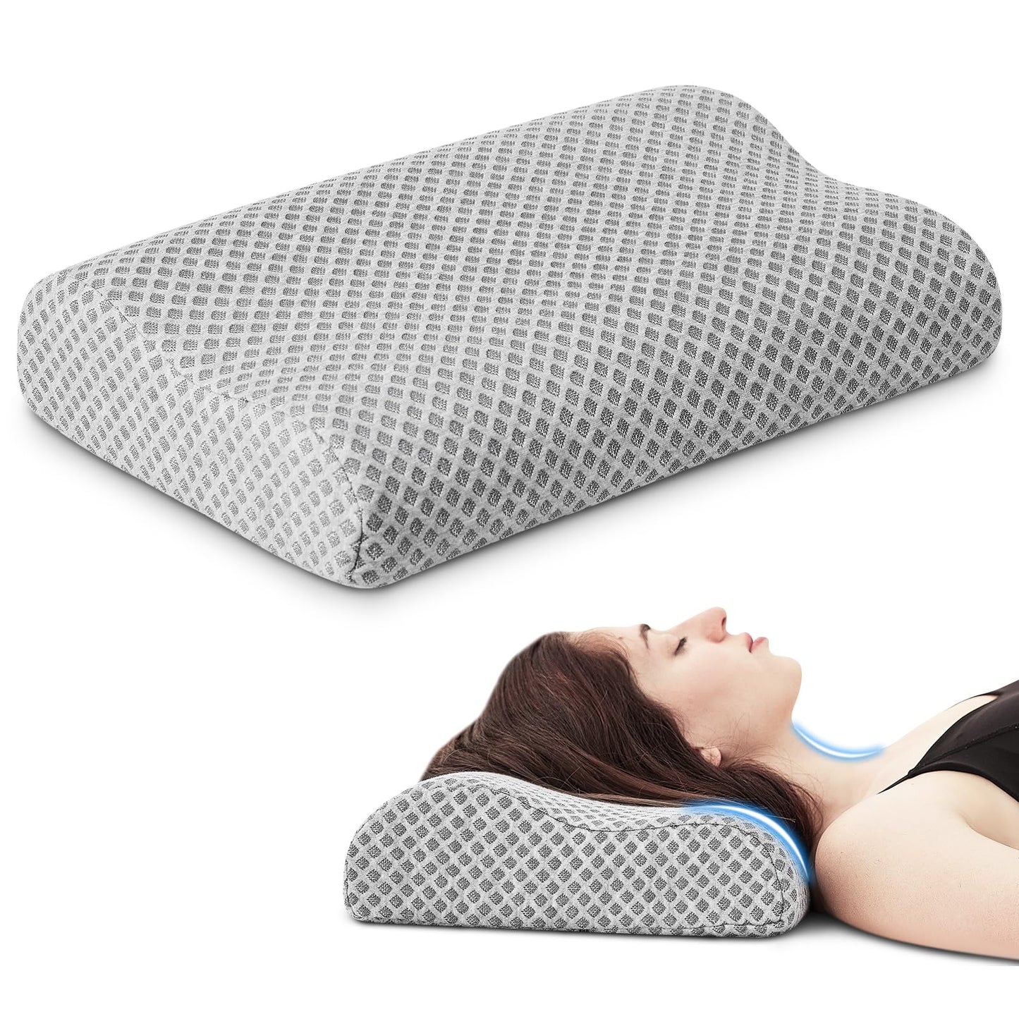 PEUJEW Travel Pillow Memory Foam Pillows, Ergonomic Wave Cervical Neck Pillow for Neck Pain Relief, Compressible Medium Firm Side Sleeper Pillow, Ideal for Camping, Office, Home & Bed (Light Grey, S)