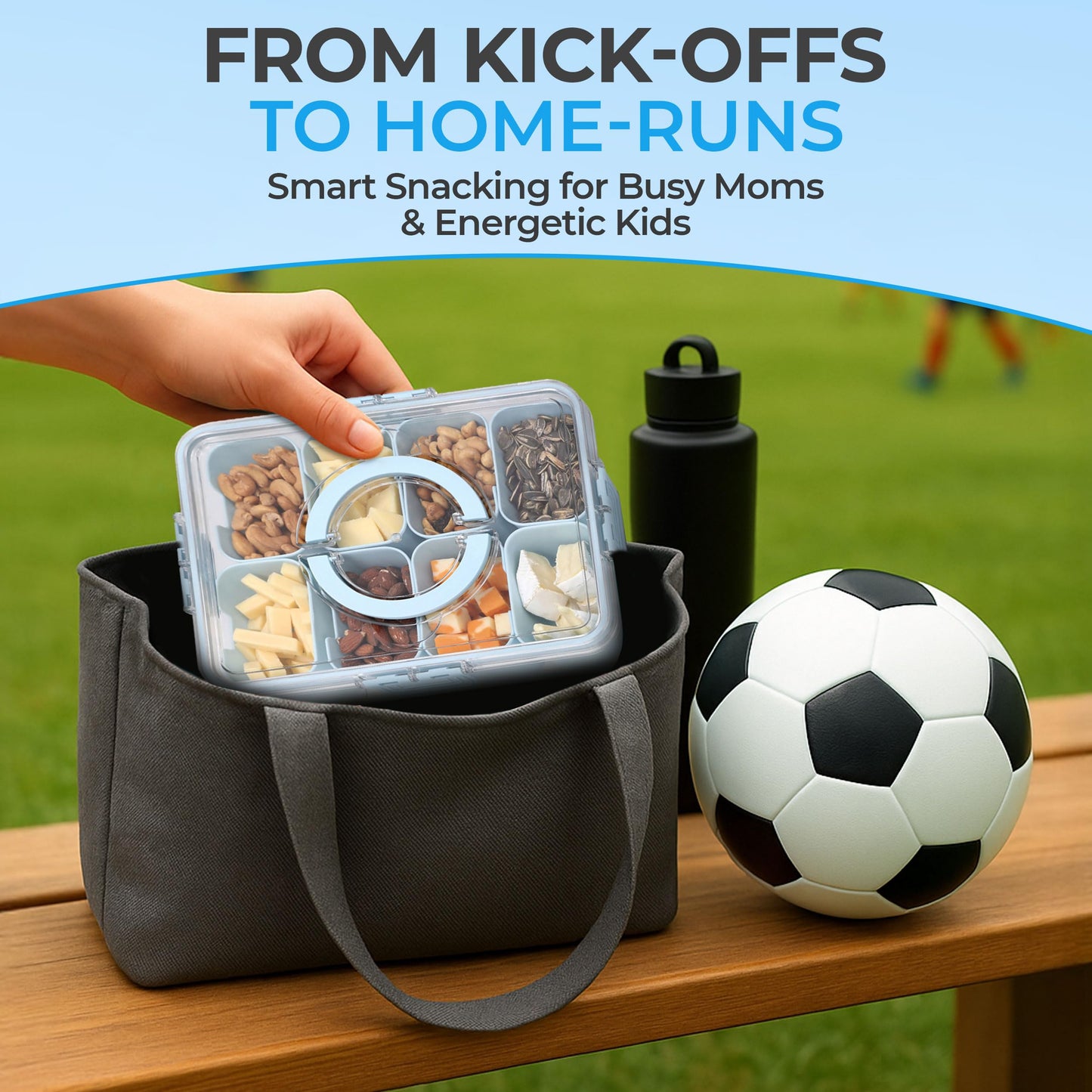 KEYVOZ Snackle Box Container with Lid- Travel Charcuterie Box with Handle - Organizer for Candy, Fruit, Nuts, Veggies, Snacks, Beach Essentials, Portable Lunch Box (Blue, Large)