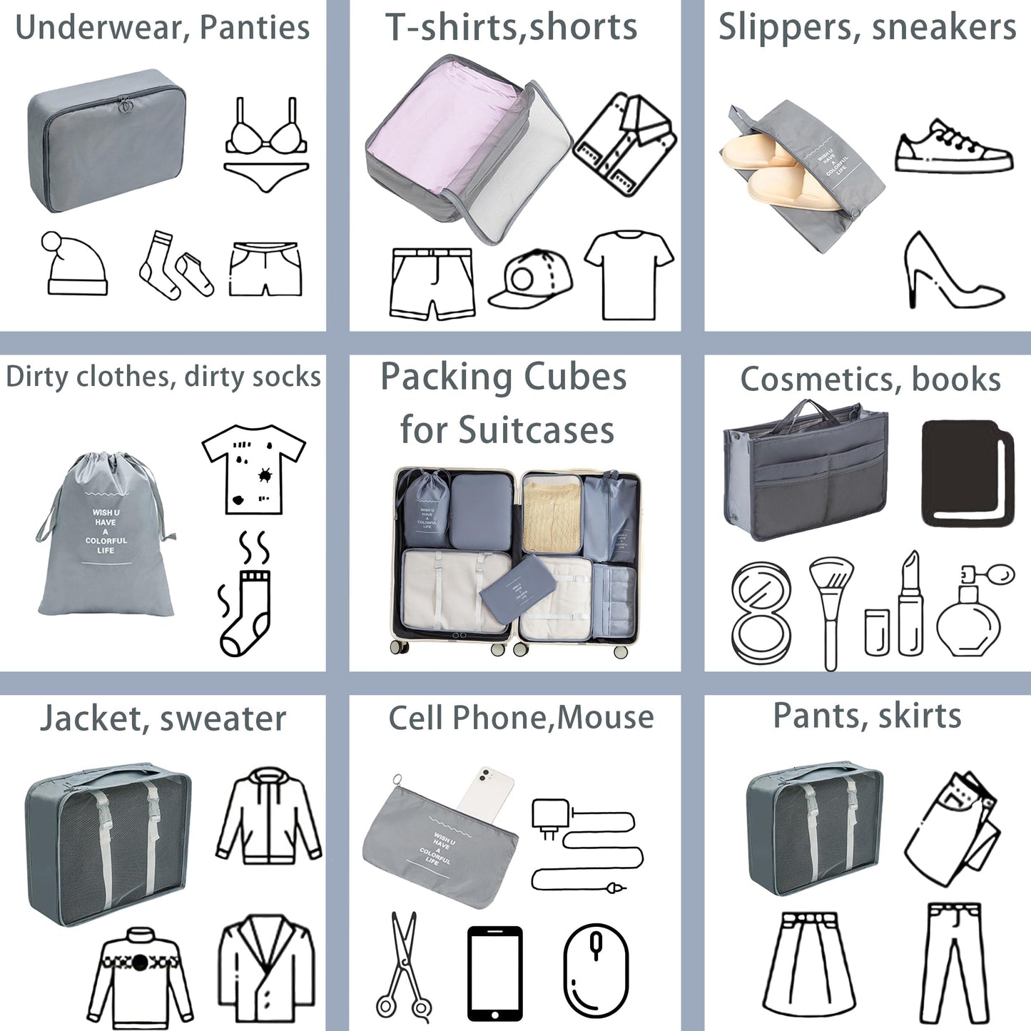 Travel Accessory Organizer, 8 Set Packing Cubes for Suitcases, Convenient Travel Packing Organizer