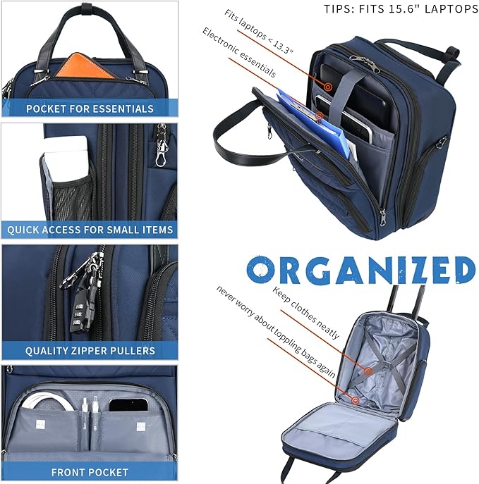 KROSER Carry On Underseat Multi-functional, 16-inch Underseater Lightweight Overnight Suitcase for Women, Navy