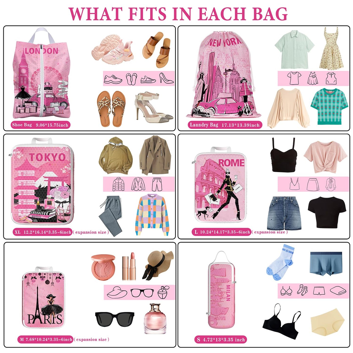 Compression Packing Cubes for Travel, 6 Set Pink Fashion Luxury Girly Luggage Organizers, Lightweight Waterproof Expandable/Compression Bags Smell Proof Travel Packing Cubes for Suitcases