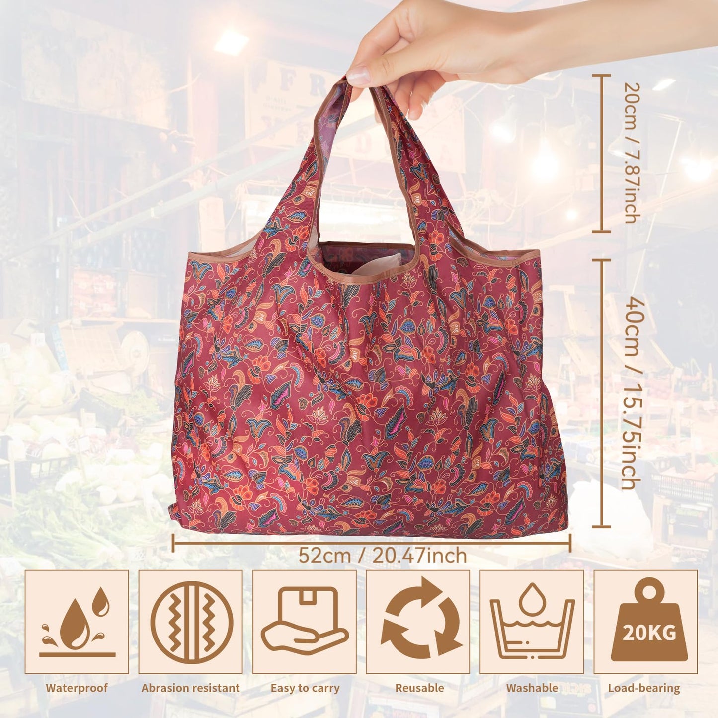 gracefuLife Foldable Grocery Bag Set of 3, Large Capacity 22x15in, Holds up to 44lb,Reusable Shopping Bags For Travel, Storage, and More, Soft Fabric with vivid Patterns