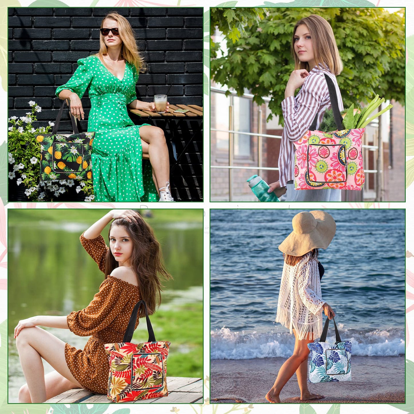 Cunno 8 Pcs Summer Reusable Shopping Bags for Groceries 13.78 x 17.72 x 4.72 Inch Beach Foldable Tote Bag with Zipper and Handles Large Capacity Waterproof Travel Tote Bags for Women Work Gym