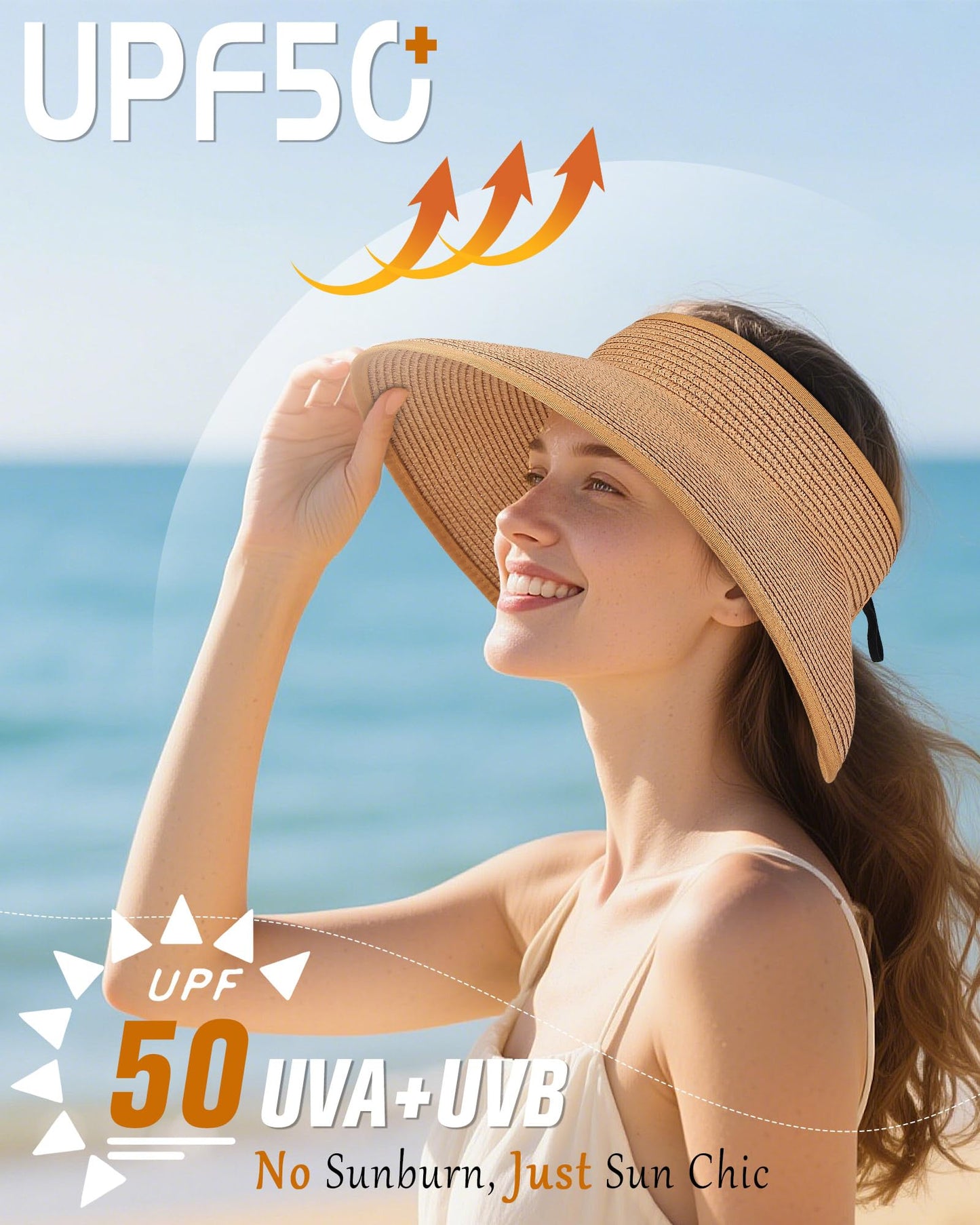 YANIKY Sun Visor Hat for Women, Wide Brim Straw Visors Beach Hat Roll Up Foldable Beach Visors Summer UV Protection (US, Alpha, One Size, Khaki)