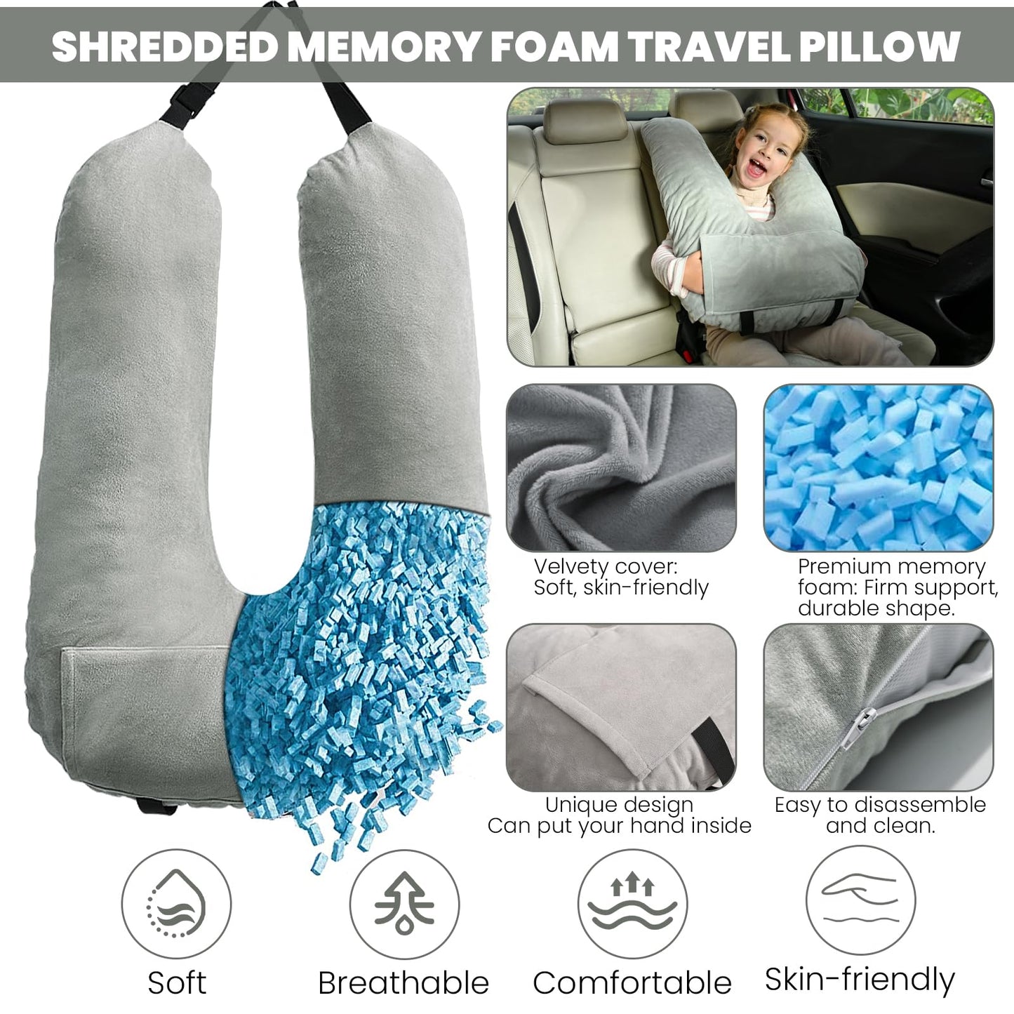 MOAOO Travel Pillow Car Pillow for Kids, Car Sleeping Pillow for Adults and Kids Support Head and Neck on Road Trips Gray