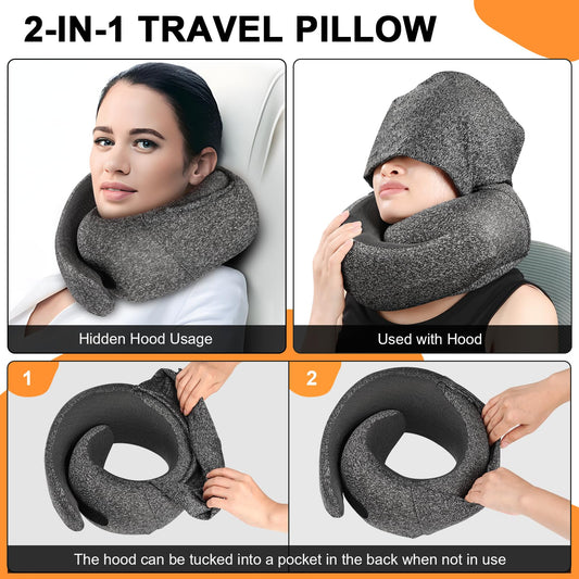 Vzpeun Travel Pillow - Hooded Neck Pillow Airplane Memory Foam Filling for Plane, Office, Cars Sleeping, Road Trip, Long Flights, Portable Plane Accessories, Includes Eye Mask & Earplugs (Dark Gray)